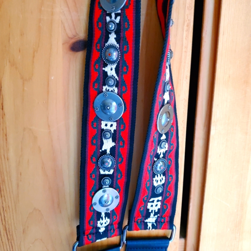 Guitar Strap in Red, Green & Black with Metal Embellishments